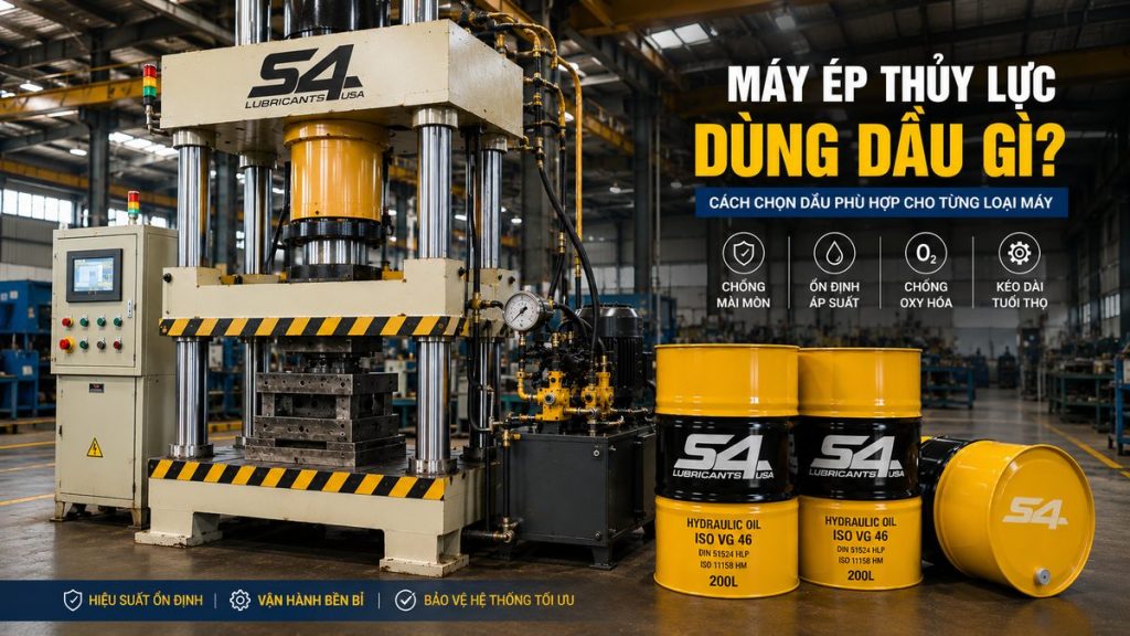 Máy ép thủy lực công nghiệp sử dụng dầu thủy lực S4 Hydraulic Oil ISO VG 46 đạt tiêu chuẩn DIN 51524 HLP và ISO 11158 HM.