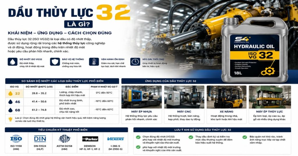 Dầu thủy lực 32 (ISO VG32) dùng cho máy ép nhựa, máy CNC, xe nâng và hệ thống thủy lực công nghiệp.