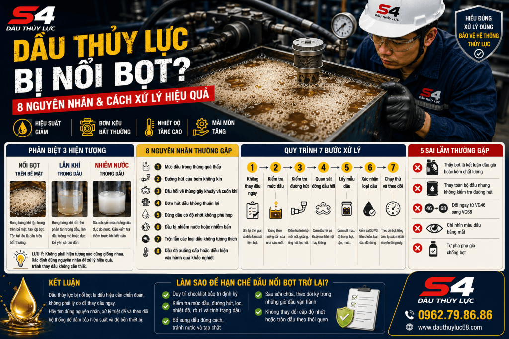 Dầu thủy lực bị nổi bọt: 8 nguyên nhân và cách xử lý đúng kỹ thuật