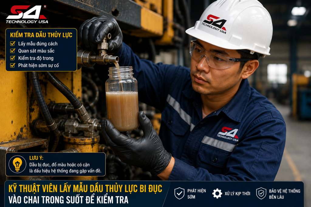 Kỹ thuật viên lấy mẫu kiểm tra dầu thủy lực bị đục trong chai trong suốt
