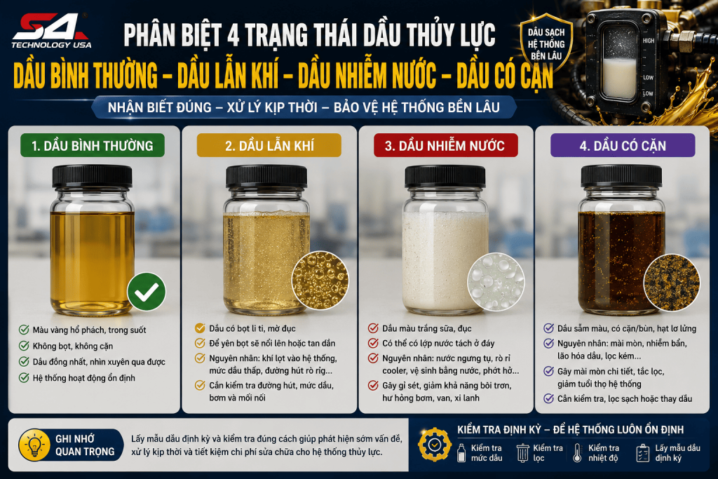 Phân biệt dầu thủy lực bình thường, dầu lẫn khí, dầu nhiễm nước và dầu có cặn