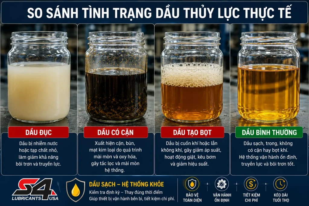So sánh tình trạng dầu thủy lực đục, có cặn, tạo bọt và dầu bình thường